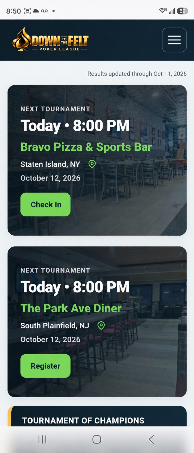 Illustrative home page tournament card with a green Check In button.