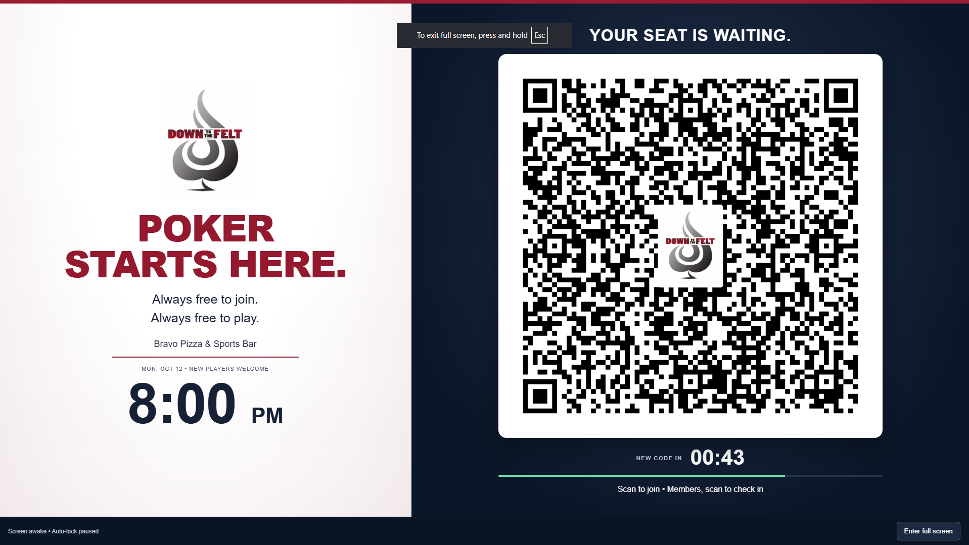 Tournament Director QR screen showing Poker Starts Here, Bravo Pizza & Sports Bar, 8:00 PM, a rotating QR code and a countdown.