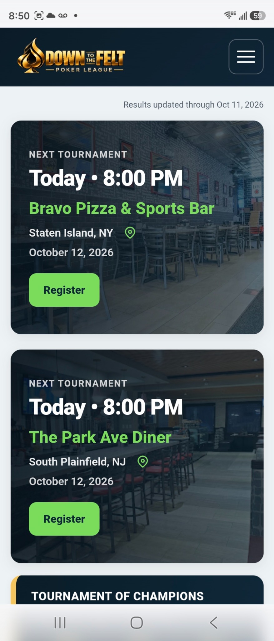 Home page tournament card for Bravo Pizza & Sports Bar with a green Register button.